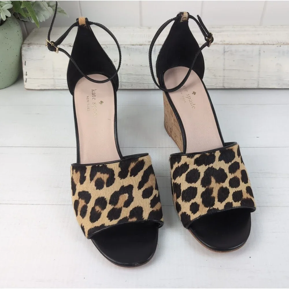 Kate Spade Women's Lonnie Leopard Calf Hair Cork Wedge Sandals Size 9 M